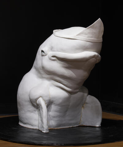 This work depicts a vengeful ghost emerging from the ocean. The image draws inspiration from “Obake”, spirits in Japanese folklore who cannot rest after violent deaths. Traditionally, Obake appear in white burial robes and wear a small triangular headpiece
